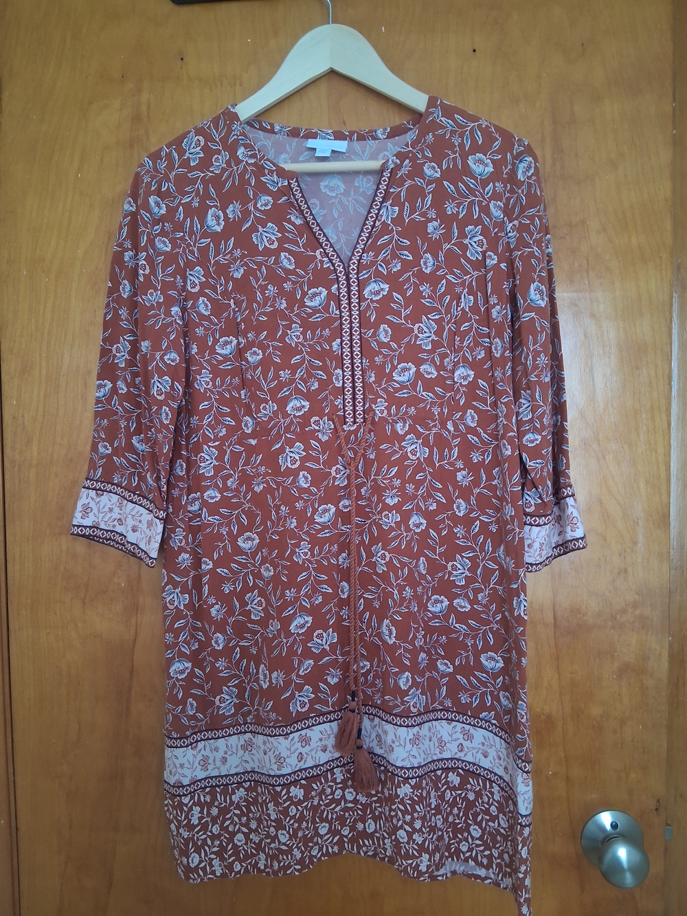 J. Jill Rust Floral Midi White Print, Drawstring Tasseled Waist, Bohemian Flare